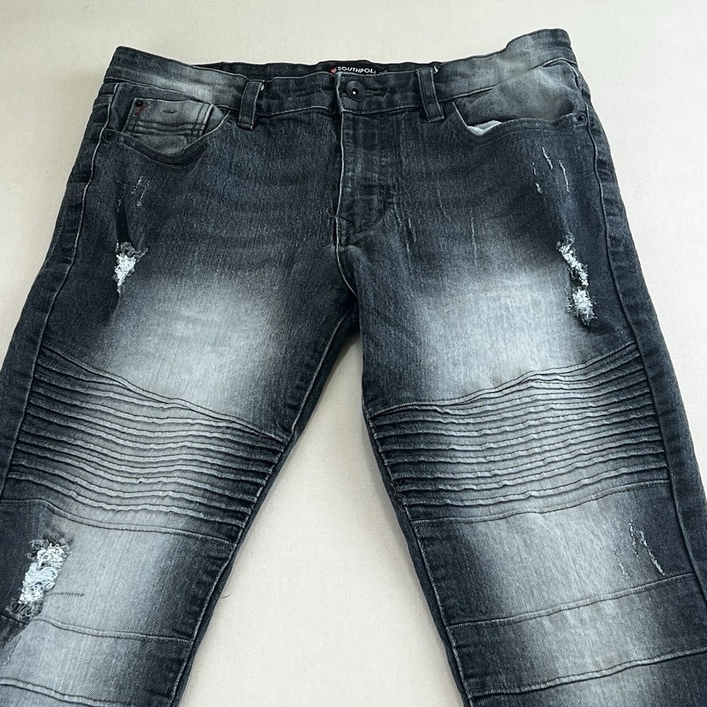 Southpole Mens Skinny Moto Jeans Faded Black Distressed Biker Denim 34x30 - Picture 2 of 10